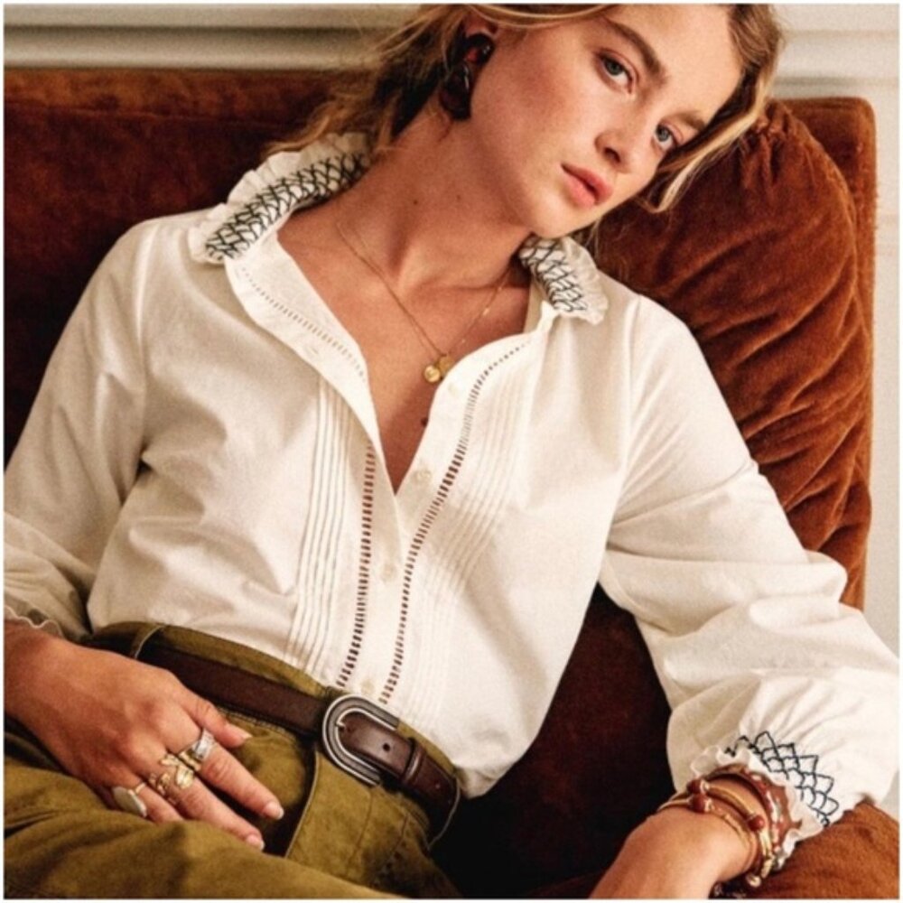 Sezane Womens Chemise Adalie Button Front Shirt Sz 6 Ecru Pintuck Long Sleeve